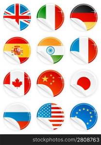 Vector illustrations of 12 national flag/emblem buttons/tags/icons in glossy modern style with peel effect: UK, Italy, Germany, Spain, India, France, Canada, China, Japan, Russia, USA and EU.