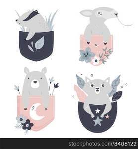 Vector illustrations of a cute bear, anteater, badger and wolf sitting in little pockets. Adorable animal for prints, frame arts, wall designs. Vector illustrations of a cute bear, anteater, badger and wolf sitting in little pockets