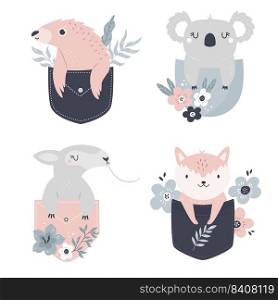 Vector illustrations of a cute pangolin, koala, anteater and fox sitting in little pockets. Adorable animal for prints, frame arts, wall designs. Vector illustrations of a cute pangolin, koala, anteater and fox sitting in little pockets