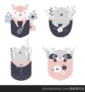 Vector illustrations of a cute raccoon, fox, cat and mouse sitting in little pockets. Adorable animal for prints, frame arts, wall designs. Vector illustrations of a cute raccoon, fox, cat and mouse sitting in little pockets