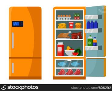 Vector illustrations of empty and closed refrigerator with different healthy food. Refrigerator kitchen, freeze meat on shelf. Vector illustrations of empty and closed refrigerator with different healthy food