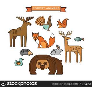 Vector illustrations of forest animals. Trendy linear design elements.. Vector illustrations of forest animals.