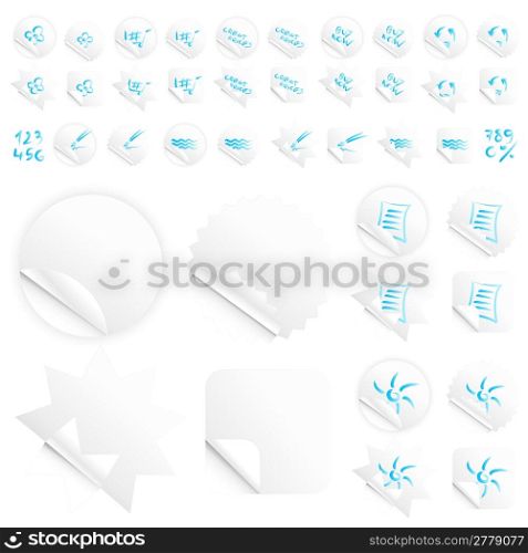 Vector illustrations of four different modern glossy shiny stickers or tags. Various custom themes. Blue writing.