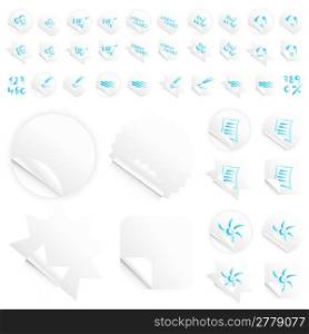 Vector illustrations of four different modern glossy shiny stickers or tags. Various custom themes. Blue writing.