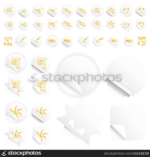 Vector illustrations of four different modern glossy shiny stickers or tags. Various custom themes. Orange writing.