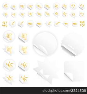 Vector illustrations of four different modern glossy shiny stickers or tags. Various custom themes. Orange writing.