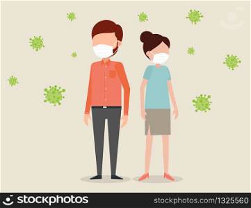 Vector illustrations of man and woman wearing medical masks to prevent disease or virus