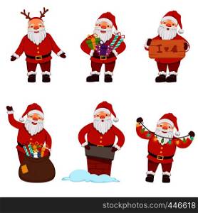 Vector illustrations of santaclaus in action poses. Christmas pictures set. Characters of santa claus with gift to new year and xmas. Vector illustrations of santaclaus in action poses. Christmas pictures set
