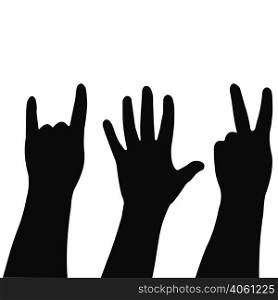 Vector illustrations of silhouettes set of hands showing different gestures for print or design. hand gestures