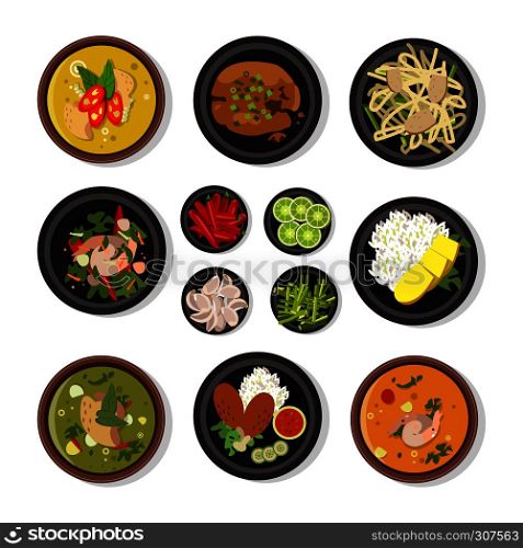 Vector illustrations of thai food. Vector icons pack isolate on white. Thai cuisine restaurant, collection of traditional thailand menu. Vector illustrations of thai food. Vector icons pack isolate on white