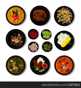 Vector illustrations of thai food. Vector icons pack isolate on white. Thai cuisine restaurant, collection of traditional thailand menu. Vector illustrations of thai food. Vector icons pack isolate on white