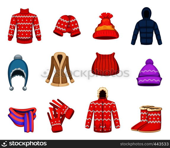 Vector illustrations of winter clothes collection. Winter collection clothing, fashion scarf and jacket. Vector illustrations of winter clothes collection