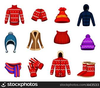 Vector illustrations of winter clothes collection. Winter collection clothing, fashion scarf and jacket. Vector illustrations of winter clothes collection