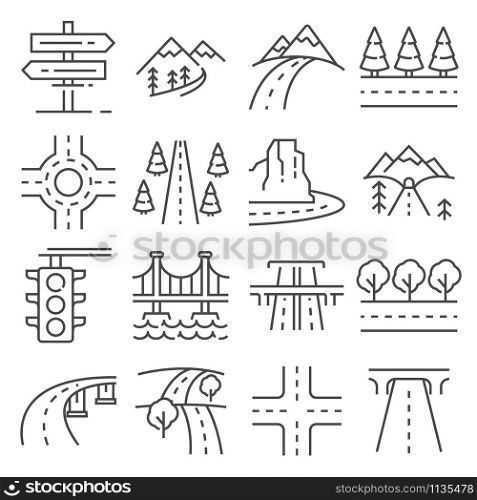 vector illustrations road and highway icons set. vector illustrations line road and highway, traffic and driving icons set