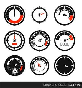 Vector illustrations set of different speedometers. Miles and speed indicators. Speedometer indicator measurement, equipment control speed. Vector illustrations set of different speedometers. Miles and speed indicators
