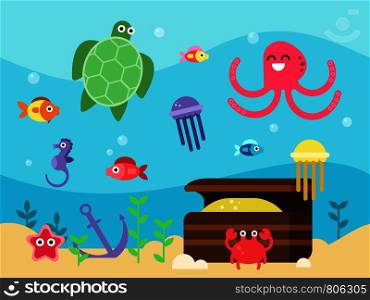 Vector illustrations set of underwater landscape with sea animals and fishes. Sea fish, ocean underwater life. Vector illustrations set of underwater landscape with sea animals and fishes