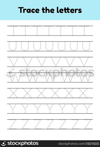 Vector illustrations set. Trace line letters for kindergarten and preshool kids. Alphabet.. Trace line letters for kindergarten and preshool kids. Alphabet.