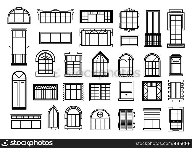 Vector illustrations set with different silhouettes of window frames. Window frame silhouette for house or home, construction windows architectural classic. Vector illustrations set with different silhouettes of window frames