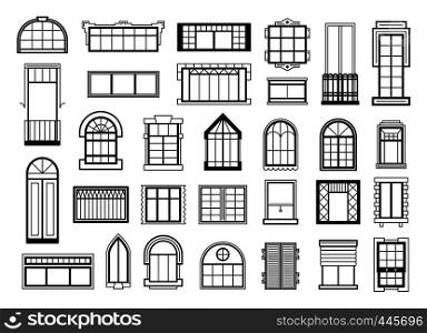 Vector illustrations set with different silhouettes of window frames. Window frame silhouette for house or home, construction windows architectural classic. Vector illustrations set with different silhouettes of window frames