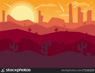 vector Illustrator flat landscape desert night with comets,Vector llustration