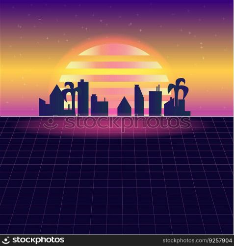 vector illutration retro style background with purple colours ,big sun and buildings and palms on backgrounds