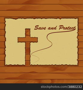 Vector image, christian cross carved out of the old paper on a wooden background for conceptual projects, for religion, greeting cards