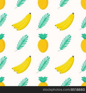 Vector image for use as a print or web design. Pineapple banana and twig pattern on a light background