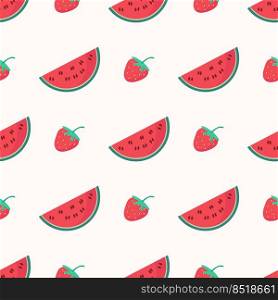 Vector image for use in packaging or textile design. Pattern of watermelon and strawberry slices on a light background