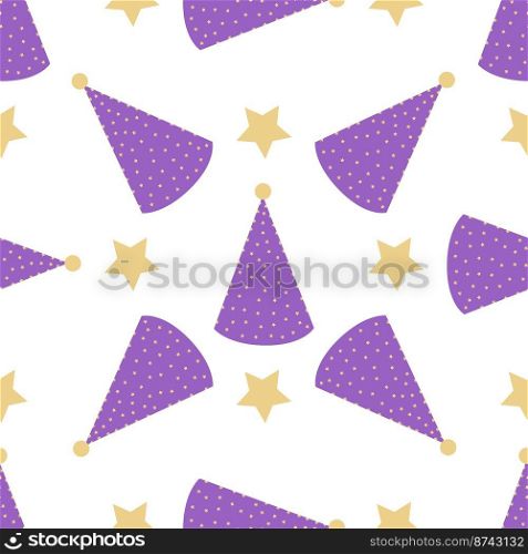 Vector image for use in textile or packaging design. Pattern of lilac cap and star on white