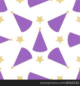 Vector image for use in textile or packaging design. Pattern of lilac cap and star on white