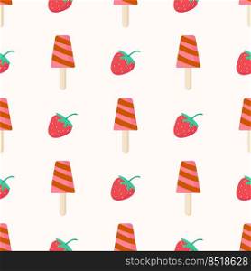 Vector image for use in textiles and as a print. Pattern of ice cream and strawberries on a light background