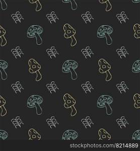 Vector image for use in website design or packaging paper. A pattern of mushrooms and twigs on a black background