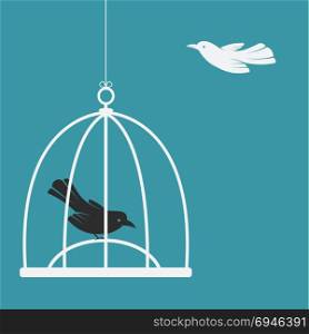 Vector image of a bird in the cage and outside the cage. Freedom concept