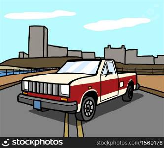 Vector image of a classic pickup truck in red white. It's parked on the street, with a backdrop of urban buildings.