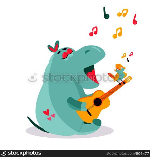 Vector image of a funny hippo playing ukulele and singing. Children illustration.. Vector image of a funny hippo playing ukulele