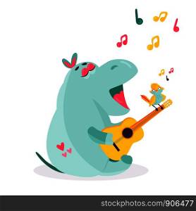 Vector image of a funny hippo playing ukulele and singing. Children illustration.. Vector image of a funny hippo playing ukulele