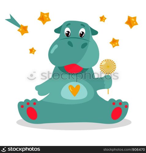 Vector image of a funny hippo with a lollipop.. Vector image of a funny hippo with a lollipop