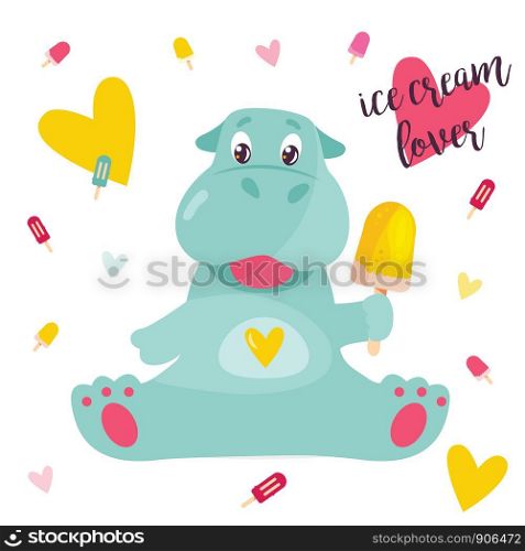 Vector image of a funny hippo with a lollipop.