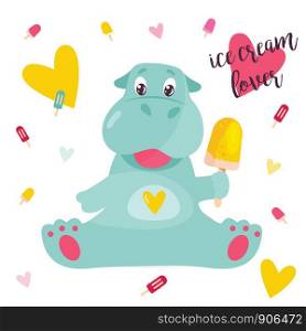 Vector image of a funny hippo with a lollipop.