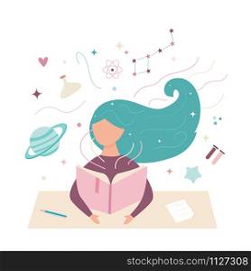 Vector image of a girl reading a book. Student in working process. Vector image of a reading girl. Working student