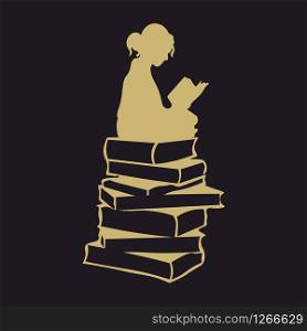 Vector image of a girl reading a book. Studying in the library. Day of Knowledge.
