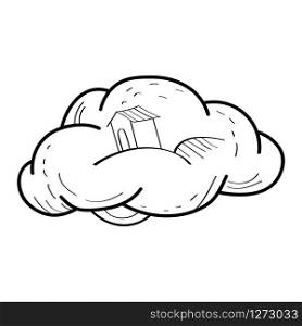 vector image of a hut on a cloud in outlines