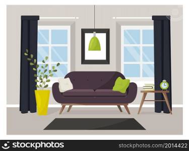 Vector image of a living room with furniture. Sofa with pillows on the background of the windows. Outdoor flower, coffee table, books and clock. Living room.