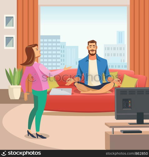 Vector image of a Relaxing Home environment. Vector Illustration of Cartoon Man sitting in Lotus Position on Couch. Wife turns to her Husband. Family Concept. Yoga at Home