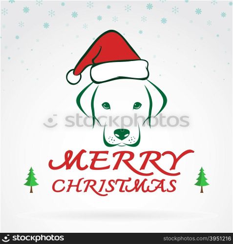 Vector image of an dog and santa hats on white background. Merry Christmas lettering