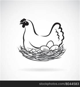 Vector image of an hen laying eggs in its nest on white background.