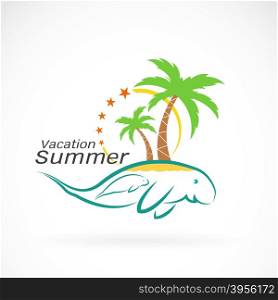 vector image of an palms tree and dugongs. Summer vacation. Logo design