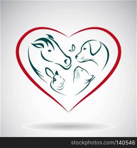 Vector image of animal on heart shape on white background, horse,dog,cat,rabbit,butterfly
