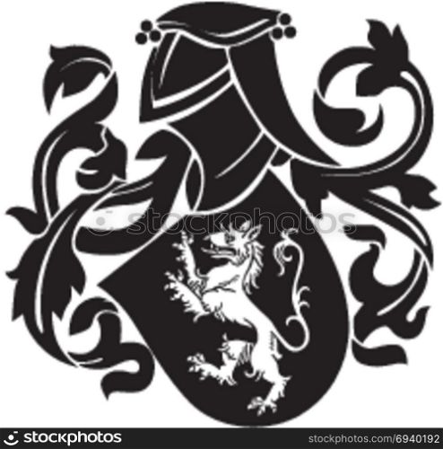Vector image of black medieval heraldic silhouette, executed in woodcut style, isolated on white background. No blends, gradients and strokes.