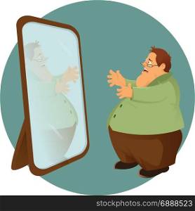Vector image of cartoon fatso and the mirror